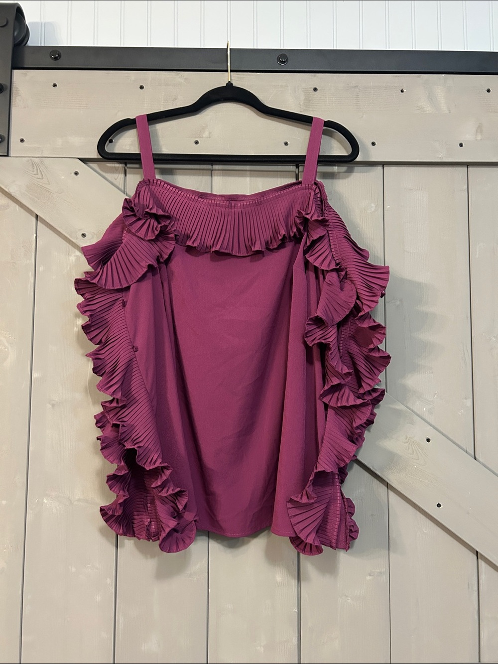 Lane Bryant Magenta Pleated Ruffle Cold-Shoulder Top